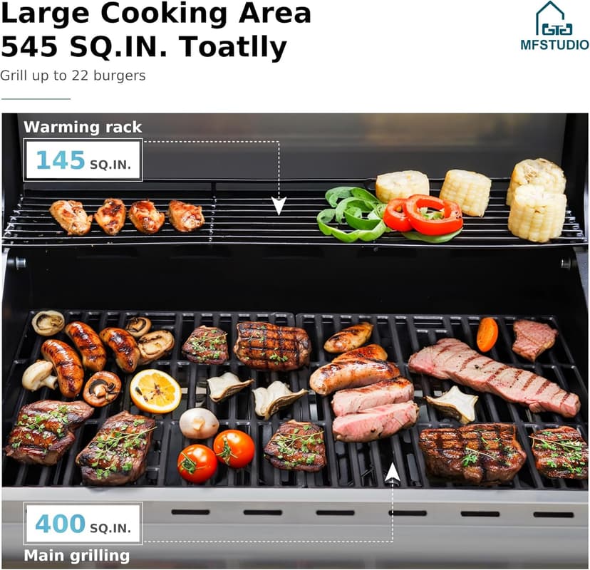 MFSTUDIO 4-Burner Propane Gas Grill, Stainless Steel BBQ Grill with Side Burner and Porcelain-Enameled Cast Iron Grates, High Heat Output Gas BBQ Grills for Barbeque and Outdoor Cooking