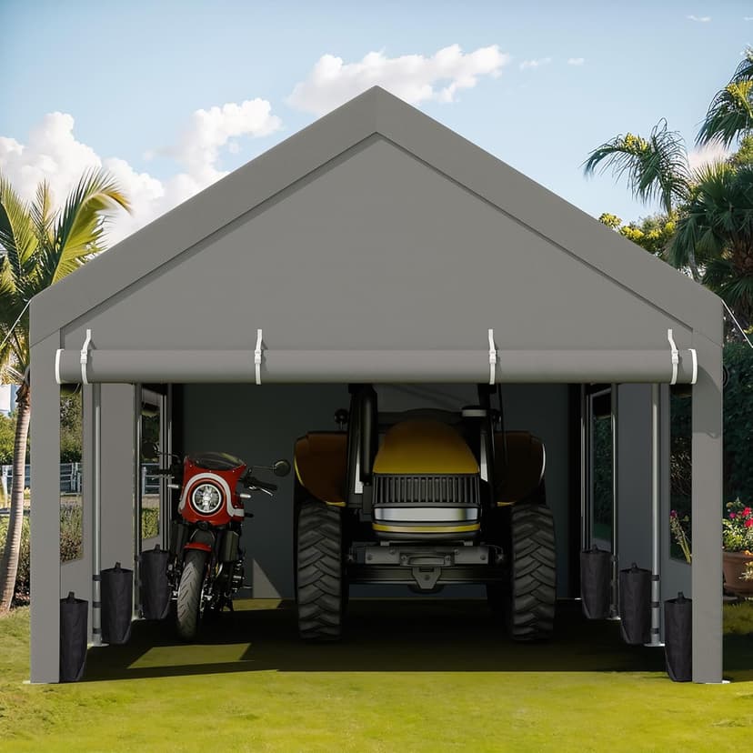 JY QAQA Carport, 12x20 FT Heavy Duty Carport with Removable Side Walls and Doors, Portable Garage with Roll-Up Window and Sandbags, Car Canopy with All-Season Tarp for Cars, Trucks, Boats, Gray