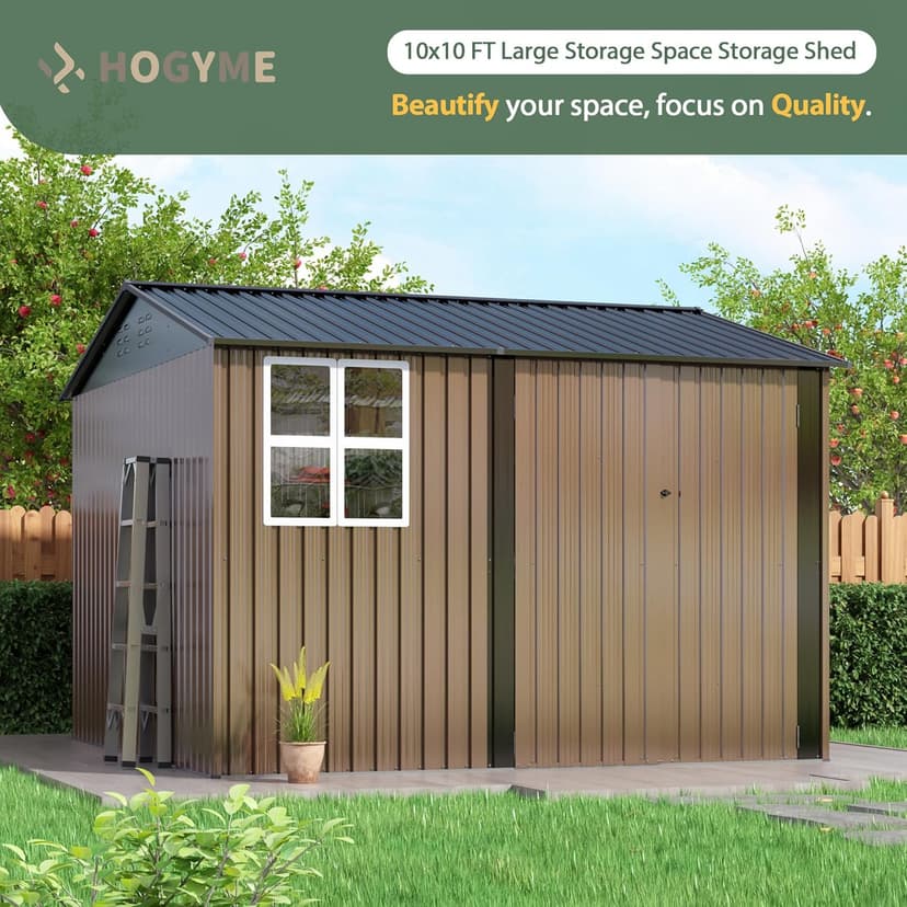 10x10 FT Large Outdoor Storage Shed, Metal Clearance Tiny Home with Windows & Lockable Doors for Backyard Garden, Patio Lawn, Placing Tools/Sundries/Guarder Inhabit/Raise Chickens/Poultry