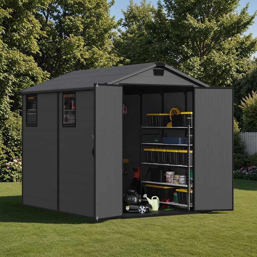 Patiowell 6 x 8 FT Plastic Outdoor Storage Shed with Floor, Resin Outside Tool Shed with Two Windows and Lockable Door for Garden, Backyard, Tool Storage Use, Easy to Install, Dark Grey