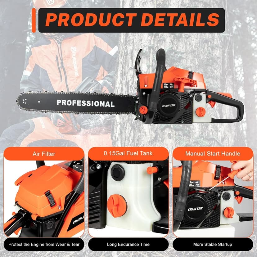 Upgrade 58cc Gas Chainsaw 20 Inch 2-Stroke Gas Powered Chainsaw Air-Cooled Gas Chainsaw Handheld Gasoline Chain Saw for Wood Cutting