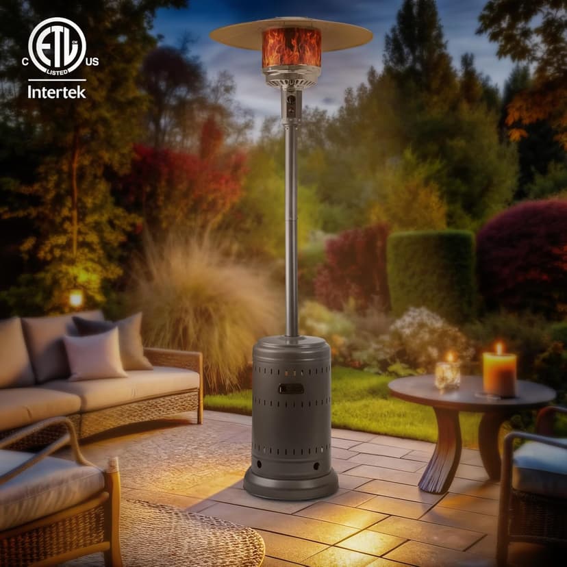 Amazon Basics 46,000 BTU Outdoor Propane Patio Heater with Wheels, Commercial & Residential, Slate Gray, with water tank, 32.1 x 32.1 x 91.3 inches (LxWxH)