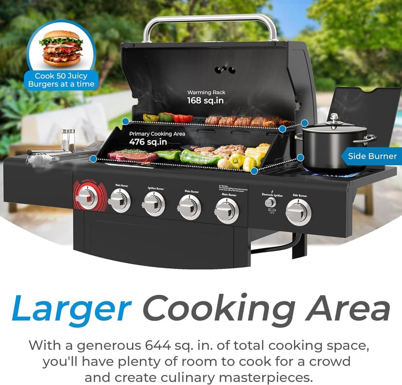 Kenmore BBQ Propane Gas Grill - 5 Burners with Side Burner & Searing Zone, 644 Sq. In. Stainless Steel Grill, 66,000 BTU, Ideal for Outdoor Cooking, Patio & Backyard, Black