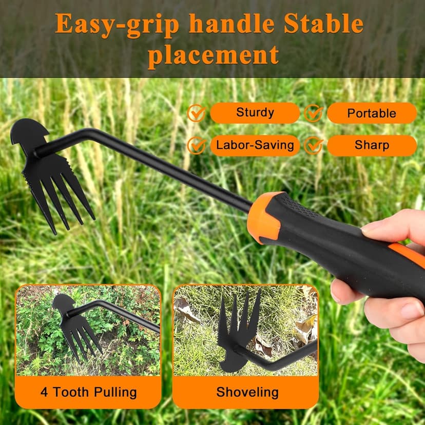 Weed Puller Tool, New Durable Garden Hand Weed Tool with Rubber Handle, Enhanced Weed Remover Tool, 4 Teeth Manganese Steel Forged Hand Weeder for Vegetable Gardening, Backyard, Farm, Planting