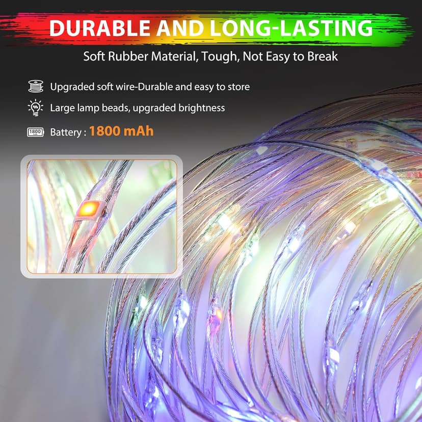 Camping String Lights, 4 in 1 Quick Storage Camping Essentials Gear 32.8FT Rechargeable Tent Lights with 9 Modes Hanging Waterproof LED Camp Lamp for Camping Hiking Patio Garden Festival -Warm +RGB