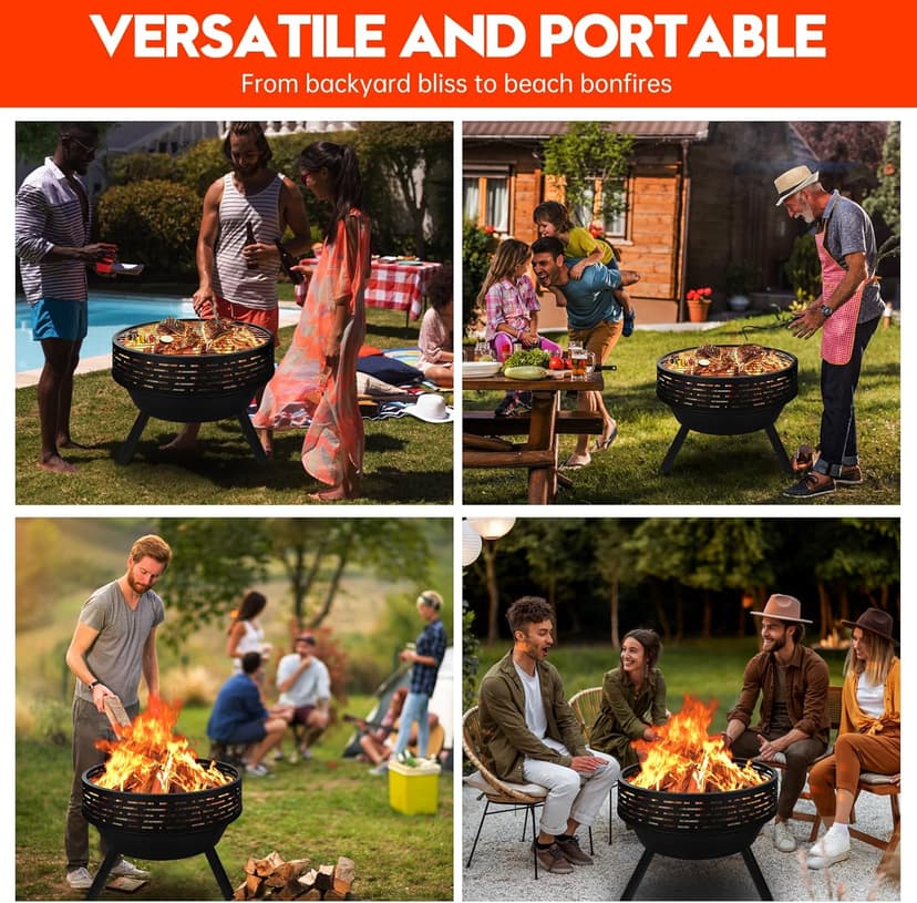 23 Inch Cast Iron Round Fire Pit with Grill, 3-in-1 Outdoor Fire Bowl, Fire Pit Table with Metal Lid and Fire Poker, Wood Burning Firepit for BBQ Bonfire Patio Picnic