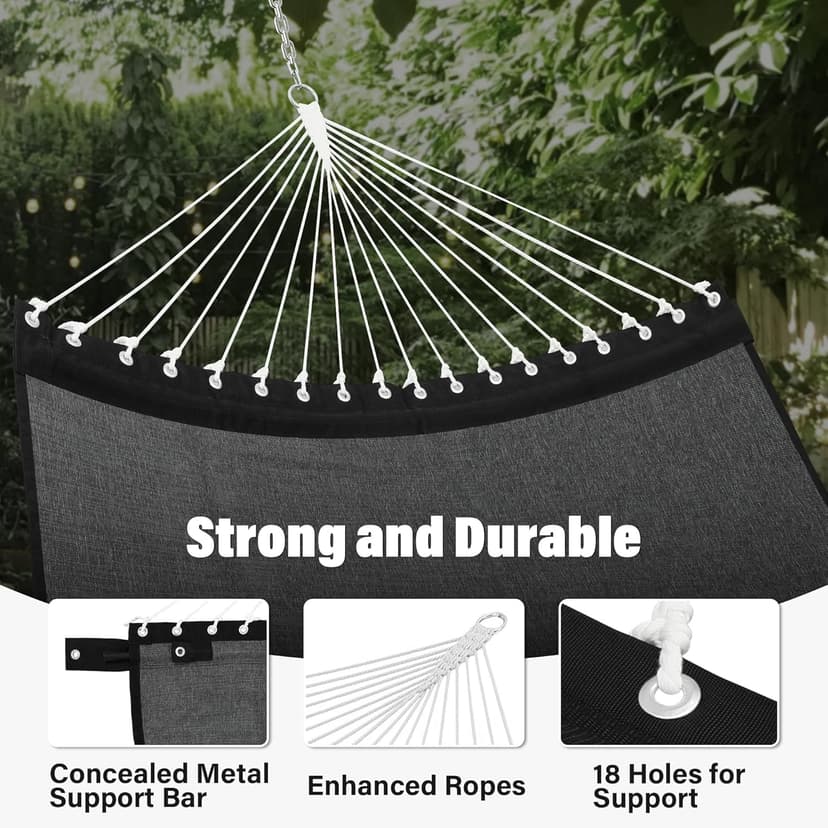 Patio Watcher 13 FT Quick Dry Olefin Hammock - Outdoor Double Hammock with Metal Curved Spreader Bars - 450 lbs Capacity - Dark Grey