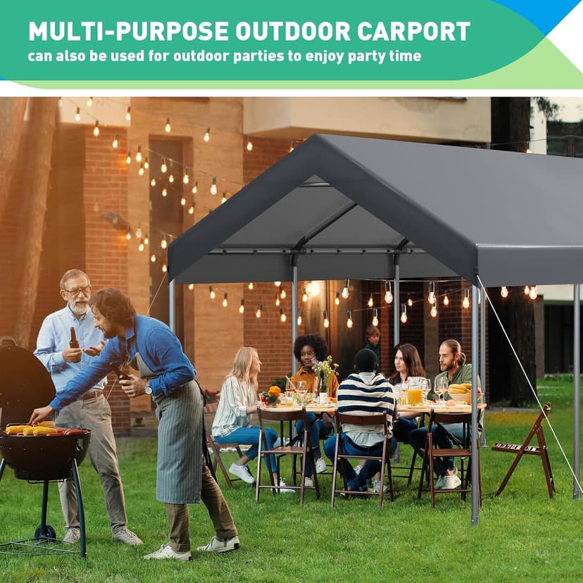 12x20 Ft Heavy Duty Carport, Portable Garage with Doors, Ventilated Windows, Waterproof and UV Resistant Carport Canopy for Cars, Boats, Suvs, Gray
