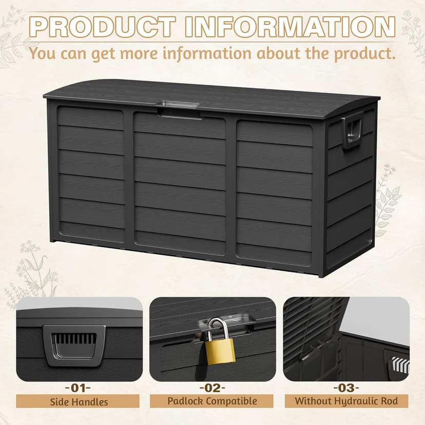 SUNCROWN 75 Gallon Deck Storage Box Resin Outdoor Storage Container with Handles for Patio Garden Yard, Black, Black