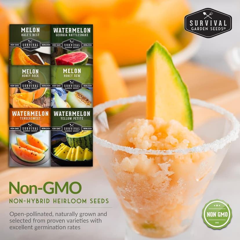 Survival Garden Seeds Melon Collection - 6 Packs of Heirloom Melon Fruit Seed: Honey Rock Cantaloupe, Hale's Best, Honeydew Melons, Yellow Petite, Tendersweet Orange, Georgia Rattlesnake Watermelon