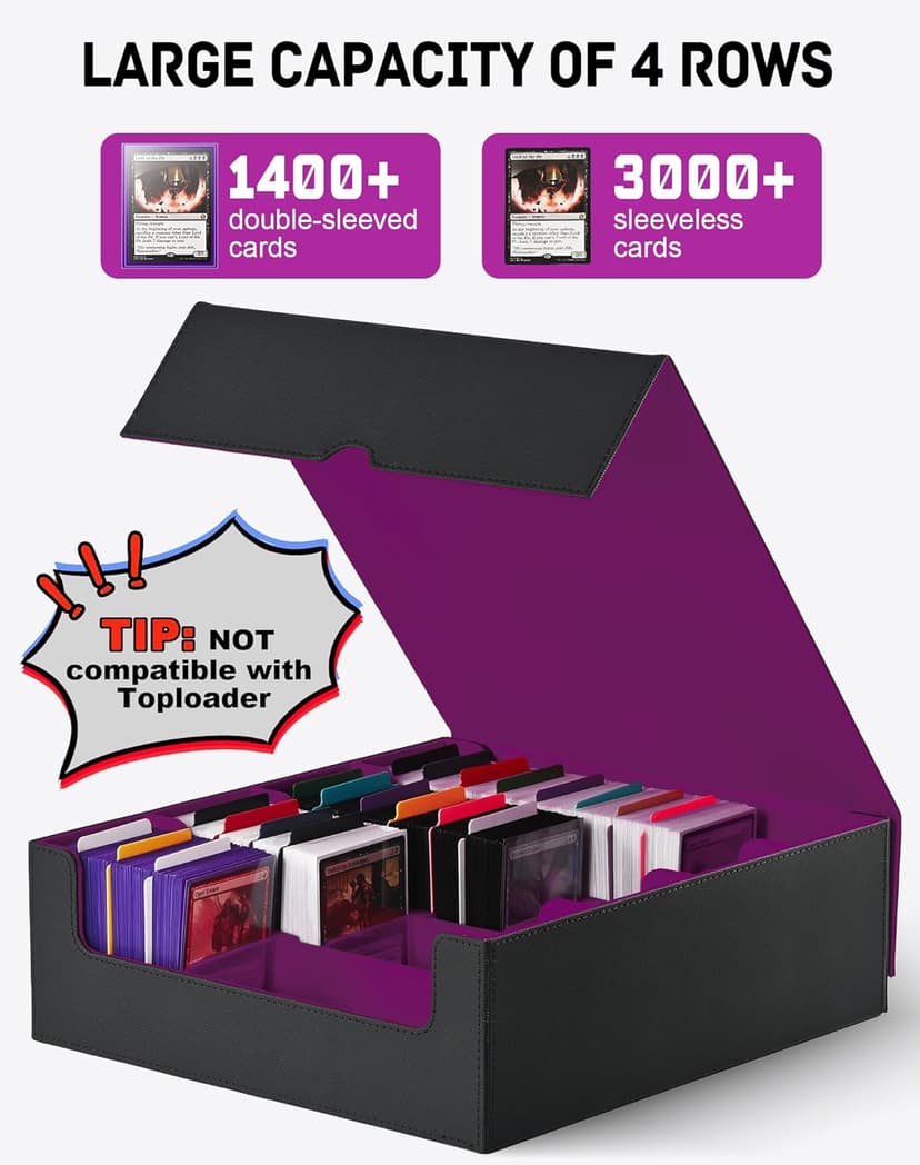 ZLCA Card Storage Box for MTG PTCG, Commander Deck Box Holds 3000+ Cards, Card Storage Case with 4 Stoppers, Card Organizer for TCG Sport Cards(Black&Purple)