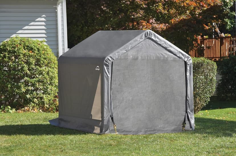 ShelterLogic 6' x 6' Shed-in-a-Box All Season Steel Metal Peak Roof Outdoor Storage Shed with Waterproof Cover and Heavy Duty Reusable Auger Anchors, Grey