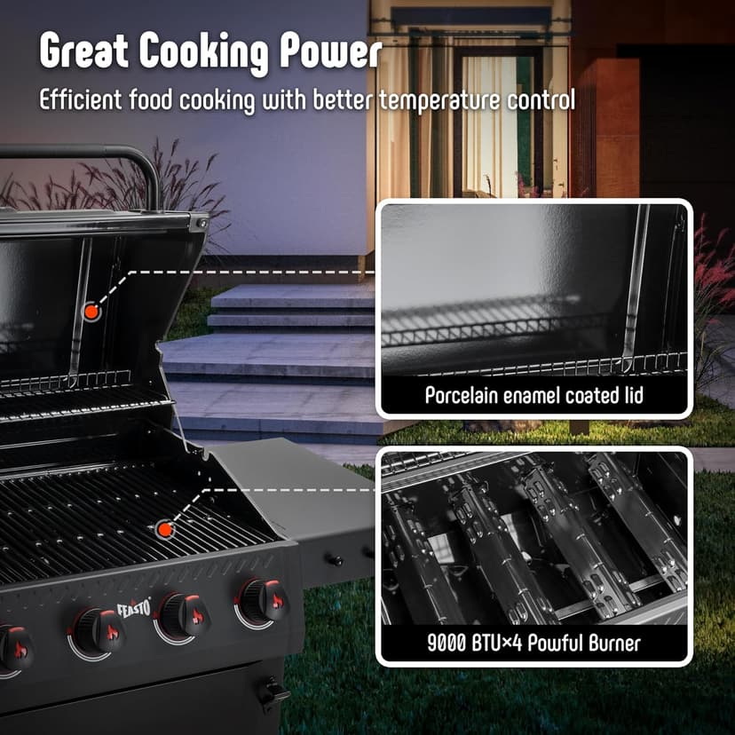 4-Burner Propane Gas Grill, Outdoor Grill with 2 Side Tables and Porcelain-Enameled Grates for Patio BBQ, 36000 BTU Powerful for Outdoor Cooking, Black - Perfect for Your Next Backyard BBQ