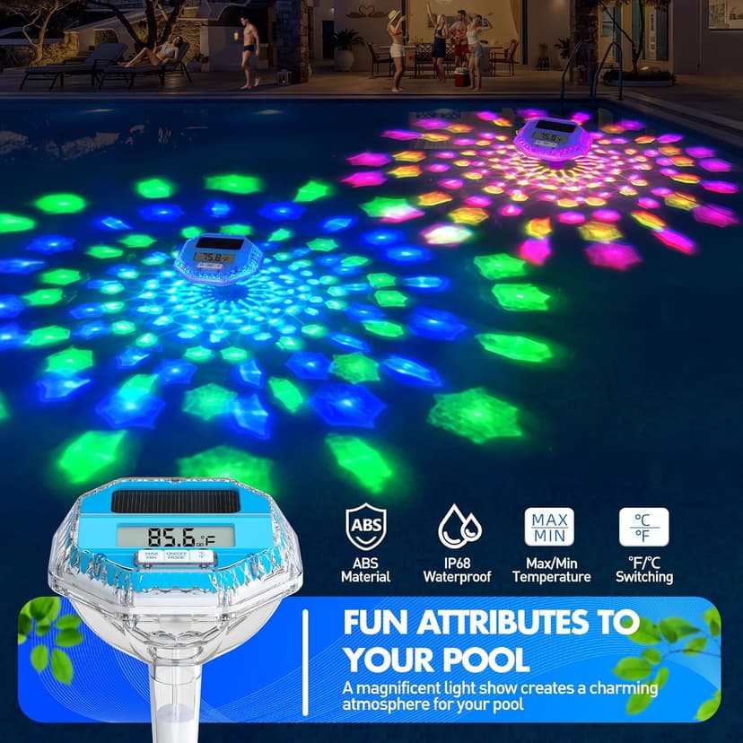 Solar Digital Pool Thermometer Floating Easy Read, Large LCD Screen Pool Thermometer with Light Show, IP68 Waterproof Water Temperature for Hot Tub,Spa