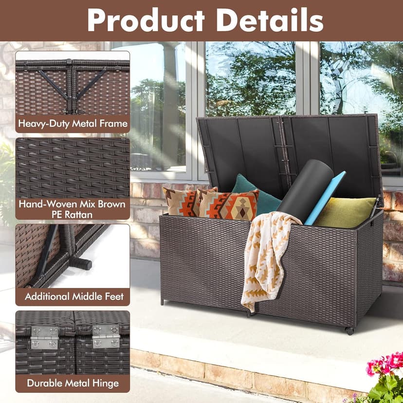 RELAX4LIFE 175-Gallon Outdoor Storage Box, Wicker Rattan Outside Storage Container Bin with Zippered Liner, 2 Universal Wheels, Gas Strut, Patio Deck Box for Backyard, Front Porch