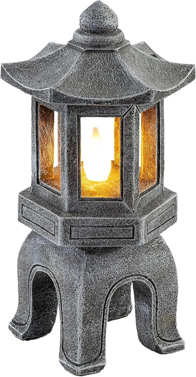 VP Home Solar-Powered Pagoda Garden Statues - Japanese Zen Lantern Outdoor Decor with Flickering LED Light - Durable Polyresin for Yard, Patio, or Garden - 12 x 7 x 6 Inches (Zen Garden Pagoda)