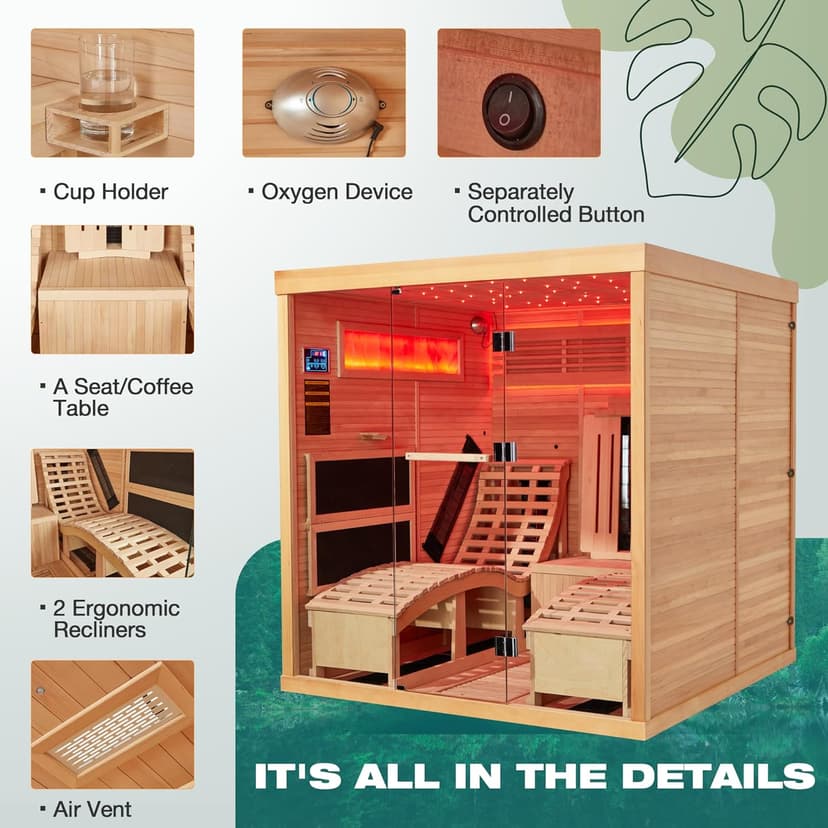 Infrared Sauna,2 Person Luxurious Indoor Sauna with Recliner, Wooden Sauna with 7-Color Starry Ceiling,9 Heating Tubes,5 Carbon Panels,2-in-1 Door Handle,Himalayan Salt Brick,220V