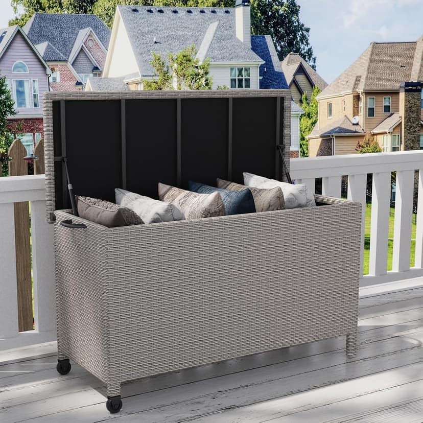 120 Gallon Outdoor Storage Box, Waterproof PE Rattan Deck Box With Wheels, Large Storage Bench for Patio Cushions, Tools, Pool Supplies, Grey