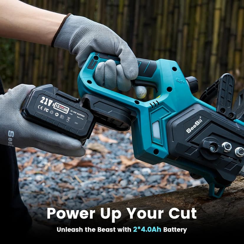 Seesii Chainsaw Cordless 12-inch, Electric HandHeld Chain Saw, 12-in Portable Chainsaw Battery Powered Saws for Trees Wood Cutting, 2 * 4.0Ah Battery and Charger Included, CH1200+