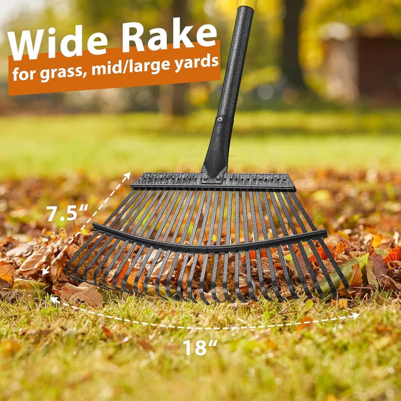 Rake,65 Inch Garden Leaf Rake Set, Wide Heavy Duty Leaves Raking Tools with 25 Metal Tines, 32 Gallon Leaf Bags and Scoops, Yard Garden Thatching Rakes for Lawn Flower Bed Grass Mulch Shrub