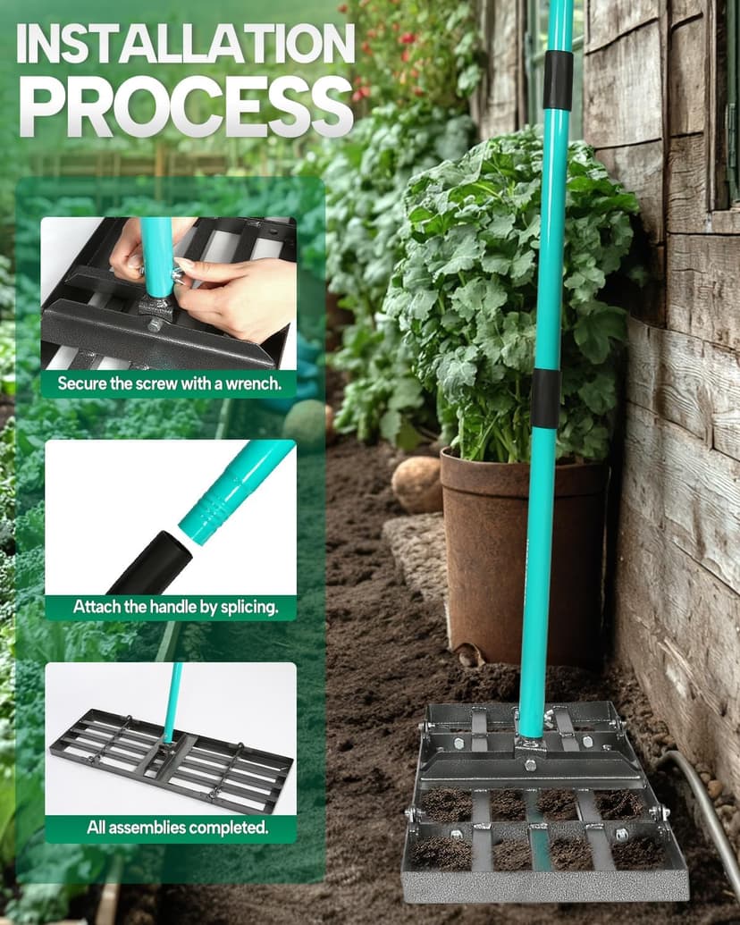 Breeze Touch Lawn Leveling Rake 30x10 Weighted & Collapsible Plate, Heavy Duty Yard Leveler Rake with 77" Adjustable Stainless Steel Handle, Lawn Tools for Gardening, Golf Course, Farm, Pasture