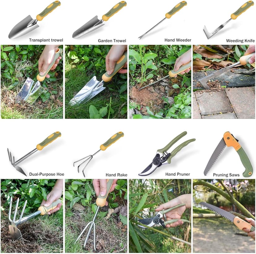 Garden Tool Set, WisaKey 9 Piece Stainless Steel Heavy Duty Green Gardening Tools with Non-Slip Ergonomic Handle, Durable Garden Tool Bag, Ideal Gardening Hand Tools, Gardening Gifts for Women and Men