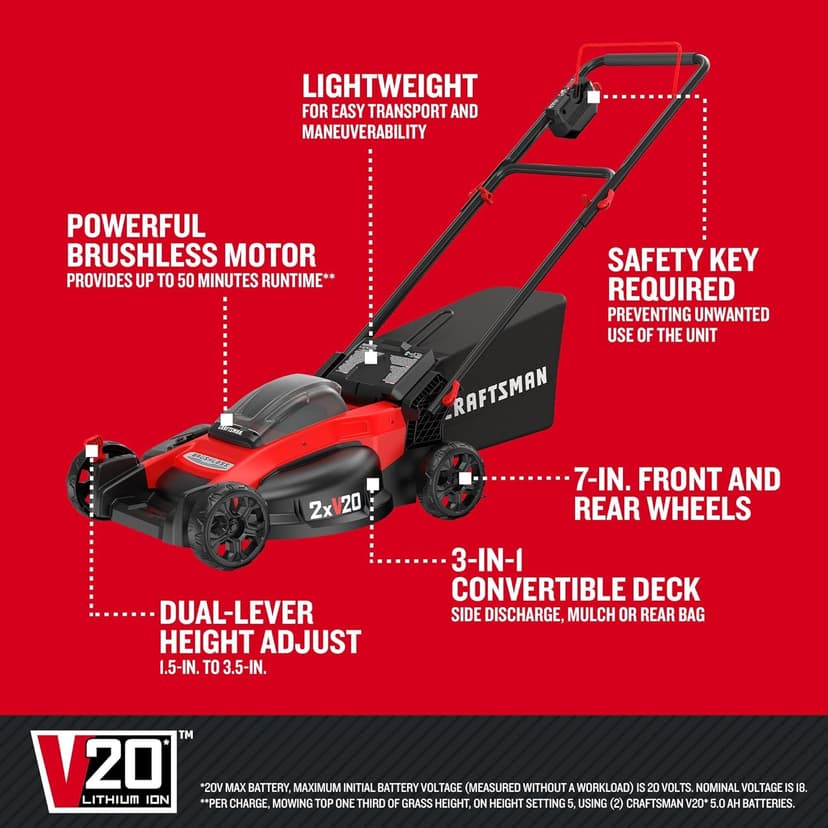 CRAFTSMAN V20 Lawn Mower, Push Mower, Lightweight and Portable, Grass Bag, Battery and Charger Included (CMCMW220P2)