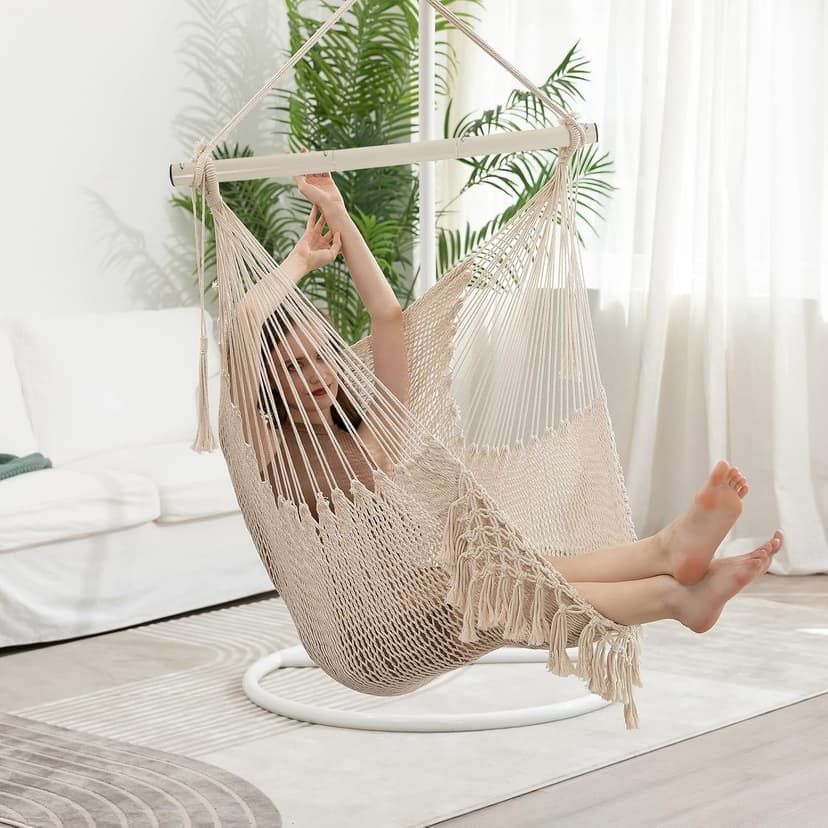 Hammock Chair，Max 330lbs, Large Hanging Chair, Soft Cotton Rope Swing Chair with High Load-Bearing Metal Rod,Indoor Outdoor Garden Yard Living Room Use Beige