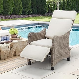 HOMREST Outdoor Recliner Chair for Patio, Wicker Balcony Chair with Ergonomic High Backrest Removable Cushion, Patio Recliner for Porch Garden, Light-Grey
