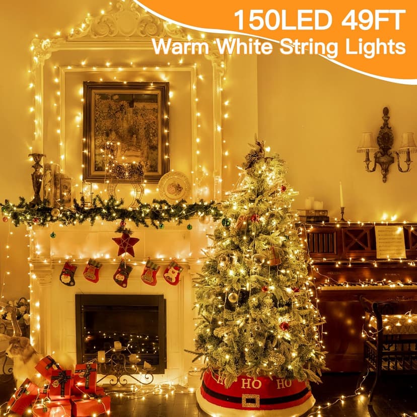 shineshine 150 LED String Lights Indoor Outdoor, Connectable Warm White String Lights for Bedroom, 8 Modes Plug in Waterproof Fairy Lights with Timer, Party Wedding Decorations