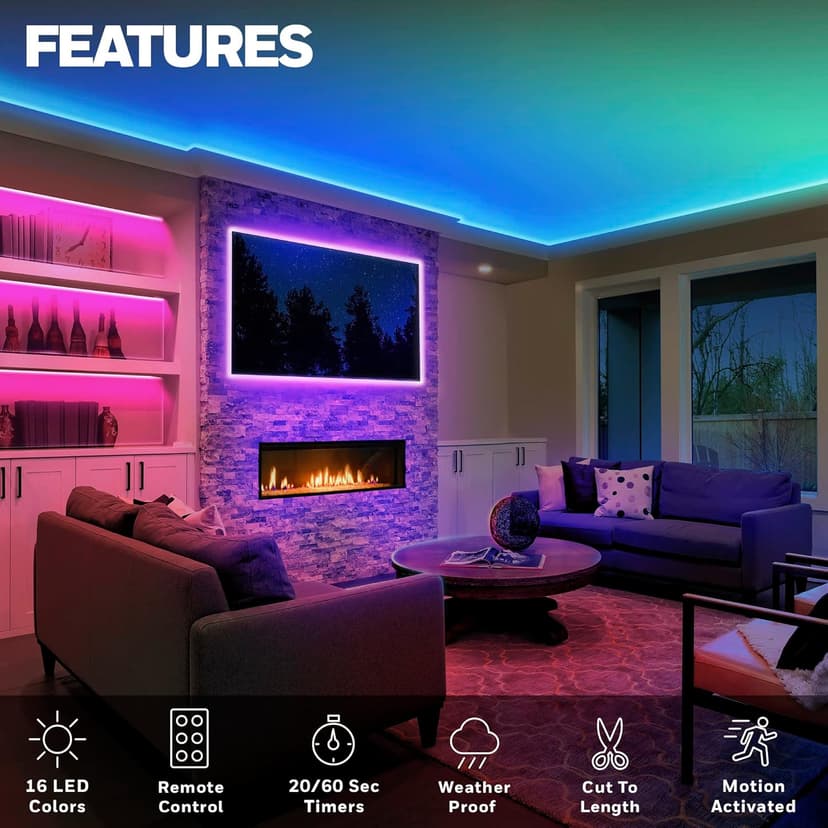 Honeywell 16.4ft Indoor LED Strip Light - Color Changing RGB, Motion Activated with Remote Control - for Bedroom, Kitchen, Dorm, Game Room, Cabinets, Etc - Wall Plug 12 Volt No Battery
