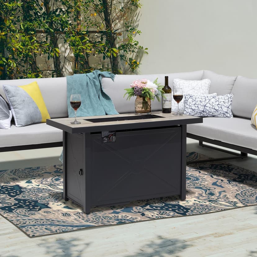 Nuu Garden Propane Fire Pit Table, CSA Certified 42 Inch 50,000 BTU Outdoor Propane Gas Cabinet Rectangle Fire Pit Table, Ceramic Tabletop, Rattan and Iron Frame, with Lid and Fire Glass Beads, Black