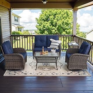5 Piece Wicker Patio Furniture Set - Outdoor Conversation Sets with Deep Seating Swivel Rocker Chairs Loveseat and Rattan Coffee Table for Deck Backyard Poolside, Brown Wicker/Blue Cushion