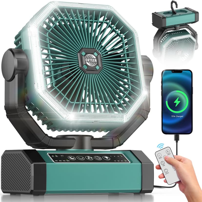 Portable Rechargeable Fan - 9-Inch Camping Fan for Tent, 20000mAh(60Hrs) Battery Operated Fan for Camping, Auto Oscillation Cordless Fan, Tent Fan with Remote/Light, 4 Speeds, 4 Timing, Outdoor