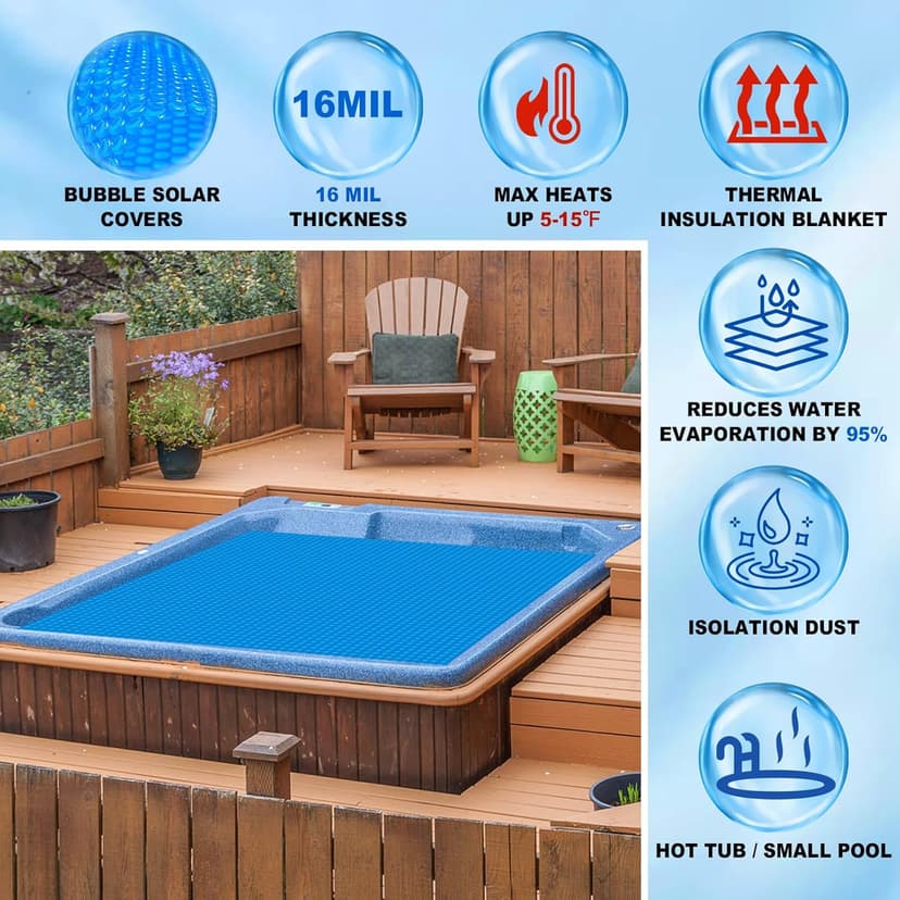 Solar Hot Tub Spa Bubble Covers Blanket 7 x 7 FT for Square Inflatable Hot Tub Spa Pool Thermal Insulation Floating Bubble Wrap Covers (215 x 215cm)