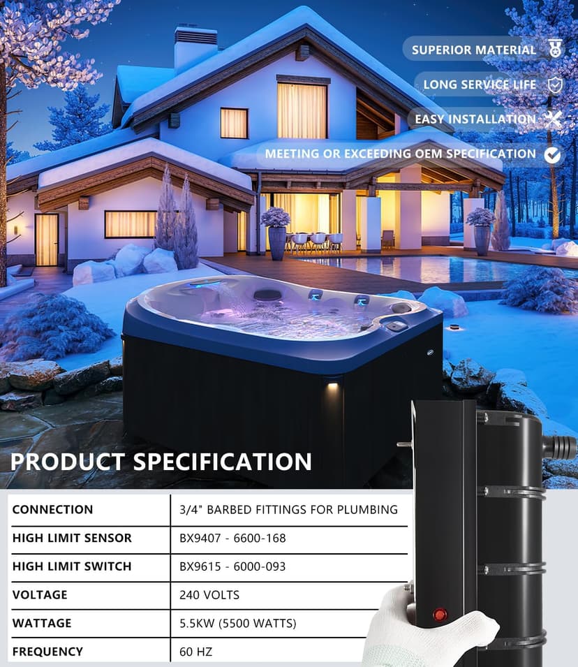 Smart Low-Flow Heater Replacement for Sundance/Jacuzzi Spa Hot Tub 6500-310/6500-301 5.5kW 240V 60HZ Black