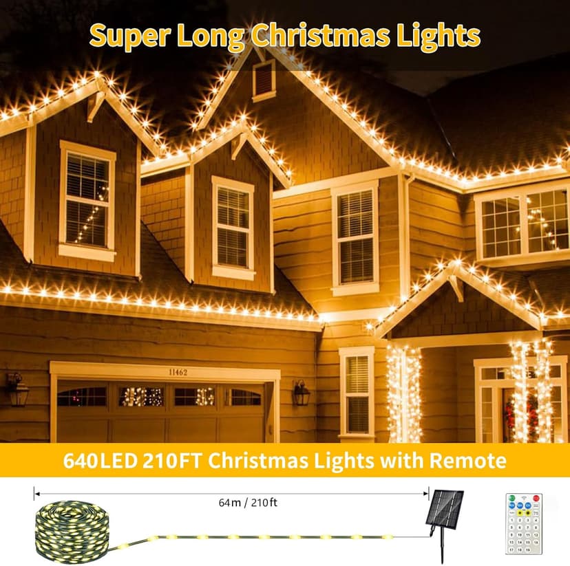 Solar Christmas Lights Outdoor, Upgraded 212FT 640LED with Remote,19 Modes Waterproof Solar String Lights for Outside Garden Home Christmas Decorations (Warm White)