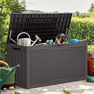 YITAHOME 80 Gallon Resin Deck Box, Weather Resistant Outdoor Rattan Storage Box, Lockable Indoor Outdoor Storage for Supplies and Essentials, Dark Brown