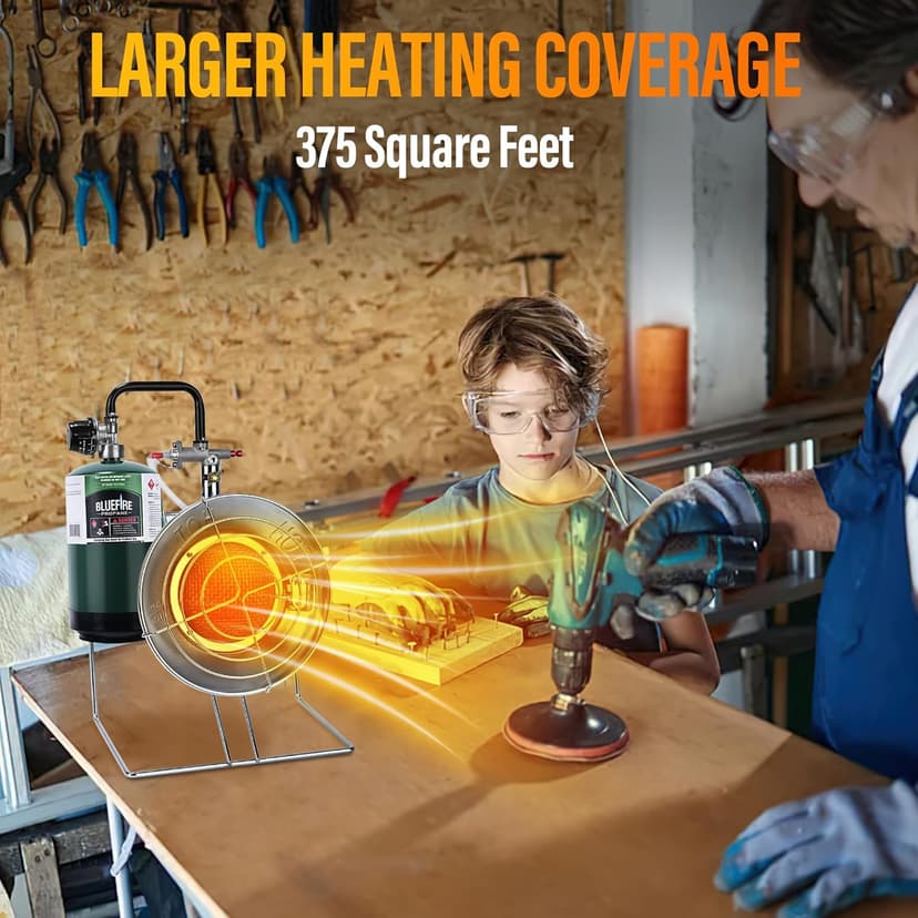 15,000 BUT Multi-Use Portable Propane Heater/Cooker, Outdoor Gas Heater with 8 FT Hose Piezo Ignitor Tip-over Protection Propane Heater for Garage, Patio, Camping, Hunting, Ice Fishing