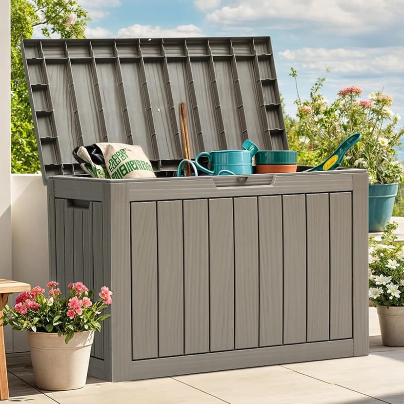 YITAHOME 45 Gallon Deck Box, Outdoor Storage Box for Patio Cushions, Outdoor Tools, Gardening Tools, Sports Equipment, and Throw Pillows, Lockable and Waterproof, Brown