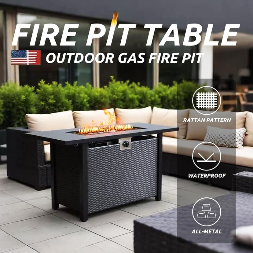 Propane Fire Pit Table,Out Door Fire Pits & Fireplaces,Gas Fire Pit with Lid and Lava Rock.Square Black Fire Pit Table on Patio Deck & Garden Backyard. (Raven‌ Black, 43-inch)
