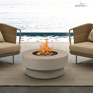 Propane Outdoor Fire Pit Table, Flint & Concrete Look 33-inch Round Patio Gas Fire Table 50,000 BTU w/Lid, Fire Glass, Heavy Duty Rain Cover, Pre-Attached 10ft Propane Hose
