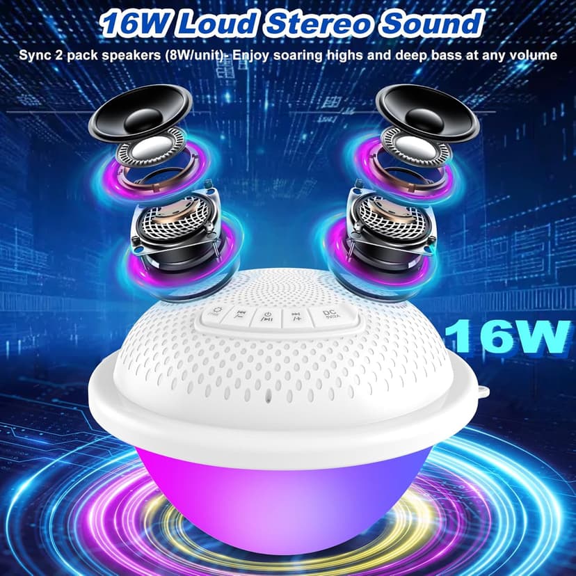 Floating Pool Speakers with Colorful LED Lights, IP68 Waterproof Pool Speakers Bluetooth, 16W Stereo Loud Sound Hot Tub Speaker, TWS Pairing, Hands-Free Portable Bluetooth Pool Speaker for Spa
