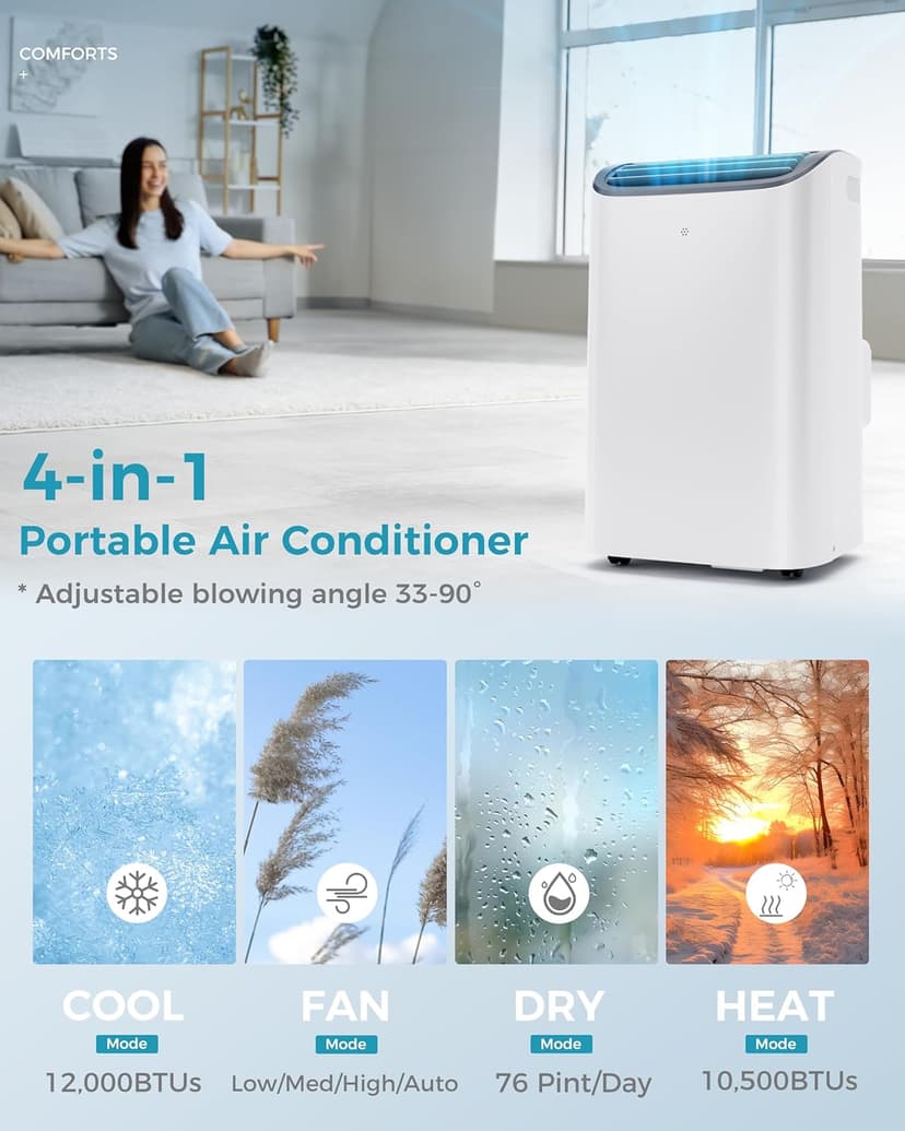 EUHOMY Portable Air Conditioners 12,000 Btu, 4 in 1 Portable Cooling AC with Heat, Dehumidifier, Fan Modes, Quiet Stand-up AC with 46dB Low Noise & Sleep Mode for Bedrooms, room up to 550 Sq.Ft