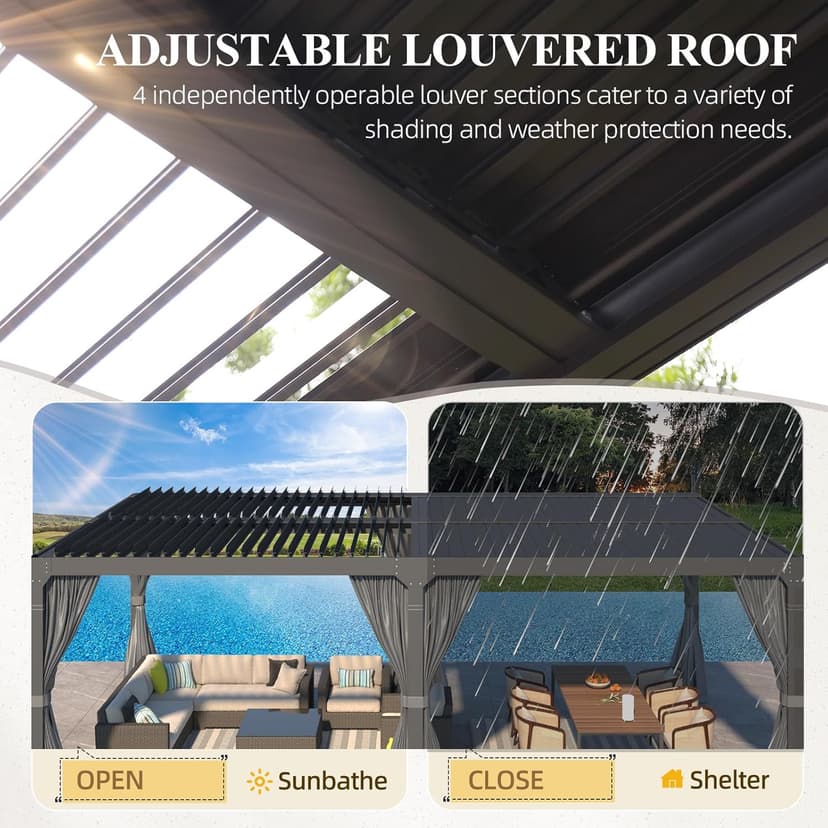 MELLCOM Louvered Pergola 12x24, Aluminum With Adjustable Roof, Outdoor With Waterproof Curtains and Nets, Dark Grey