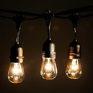 100 Foot Commercial Outdoor String Lights with 50 Suspended Sockets and S14 11 Watt Bulbs (+ 2 Free Spares) - E26 Vintage String Lights for Patio, Yard, Deck, Cafe, Bistro and More
