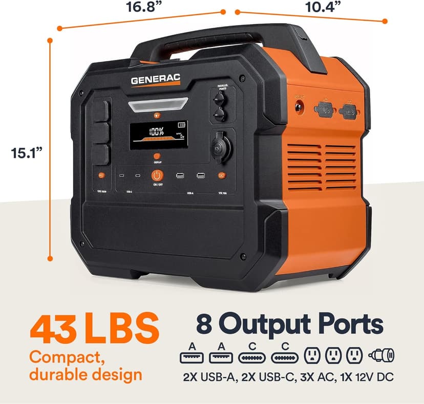 Generac 2106Wh Portable Power Station with Lithium-Ion Battery - Clean, Emission-Free Power - Wirless Charging Pad and Compact Design - Camping, RV, Indoor/Outdoor Use - Orange/Black