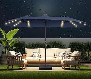 Double Sided Patio Umbrellas - 15ft Solar Lights LED Lighted Outdoor Extra Large Market Table Umbrella with Base Included, Oversized Umbrella for Deck, Pool, Backyard (Navy Blue)