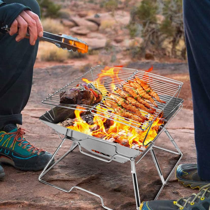 Odoland Folding Campfire Grill, 304 Stainless Steel Grate Barbeque Grill, Portable Camping Grill with Legs for Picnics, Backpacking, Outdoor with Carrying Bag and Kitchen Tongs