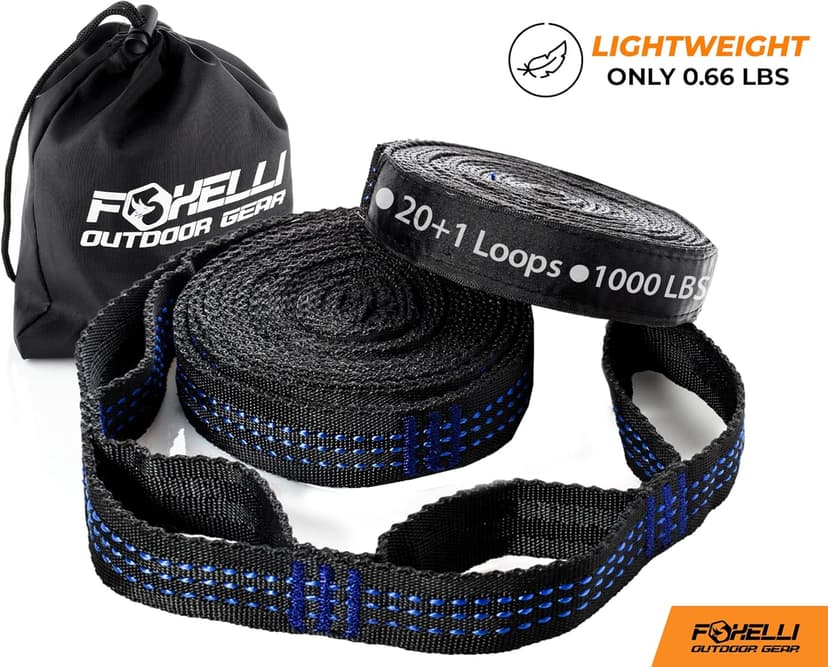 Foxelli XL Hammock Straps - Extra Long 20FT Heavy Duty No-Stretch Suspension System, 40+2 Loops, 2000 LBS Capacity, for Indoor/Outdoor Use – Set of 2 Straps & Carry Bag
